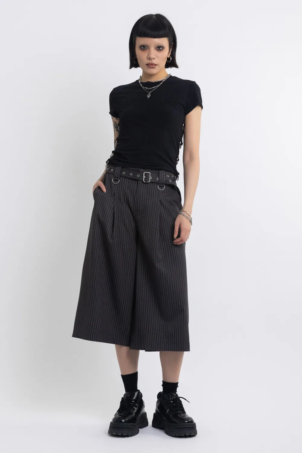 The Ragged Priest Trader Pinstripe longline tailored shorts