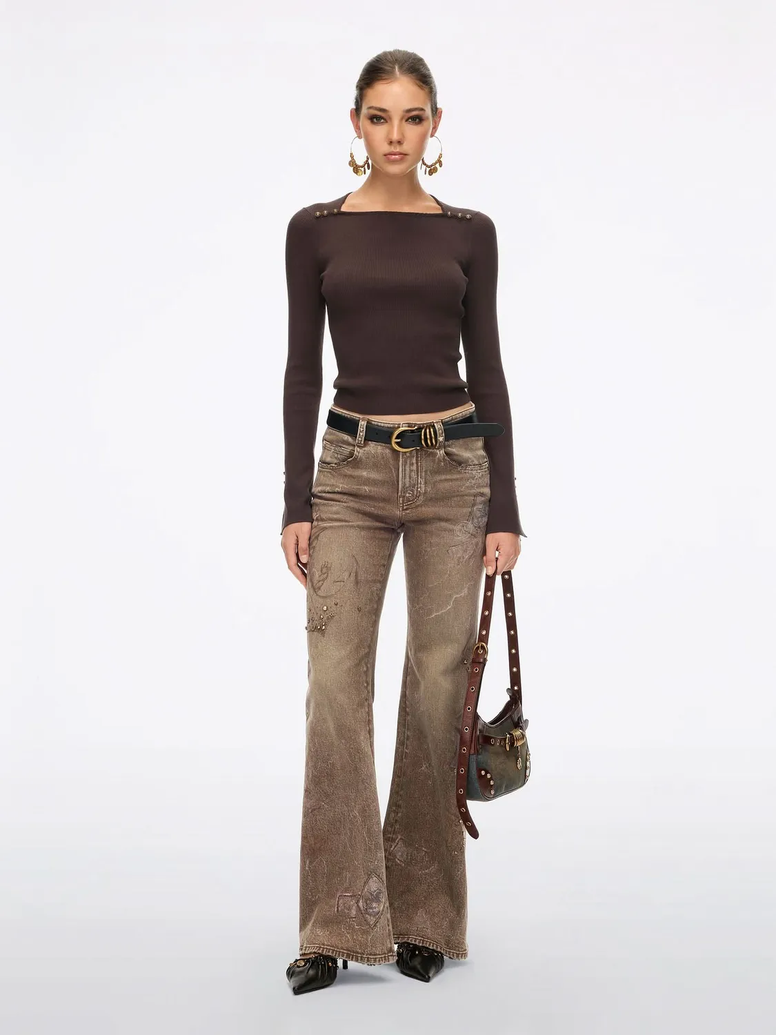 Miss Sixty Printed Studded Flared Jeans brun 32"