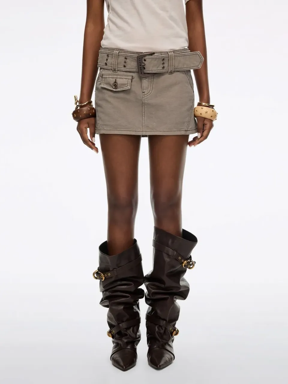 Miss Sixty Belted Denim mini nederdel Brown med bælte