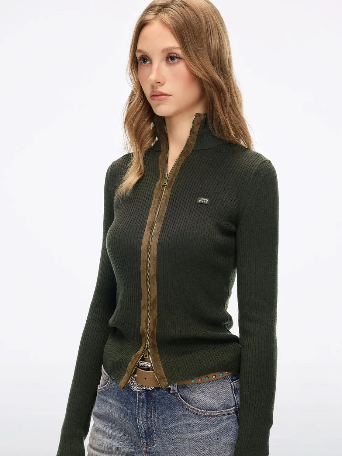 Miss Sixty Panelled cardigan armygrøn – uldblend med lynlås