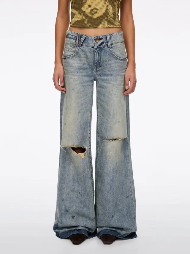 Miss Sixty Ripped Flare jeans blå slidte knæ