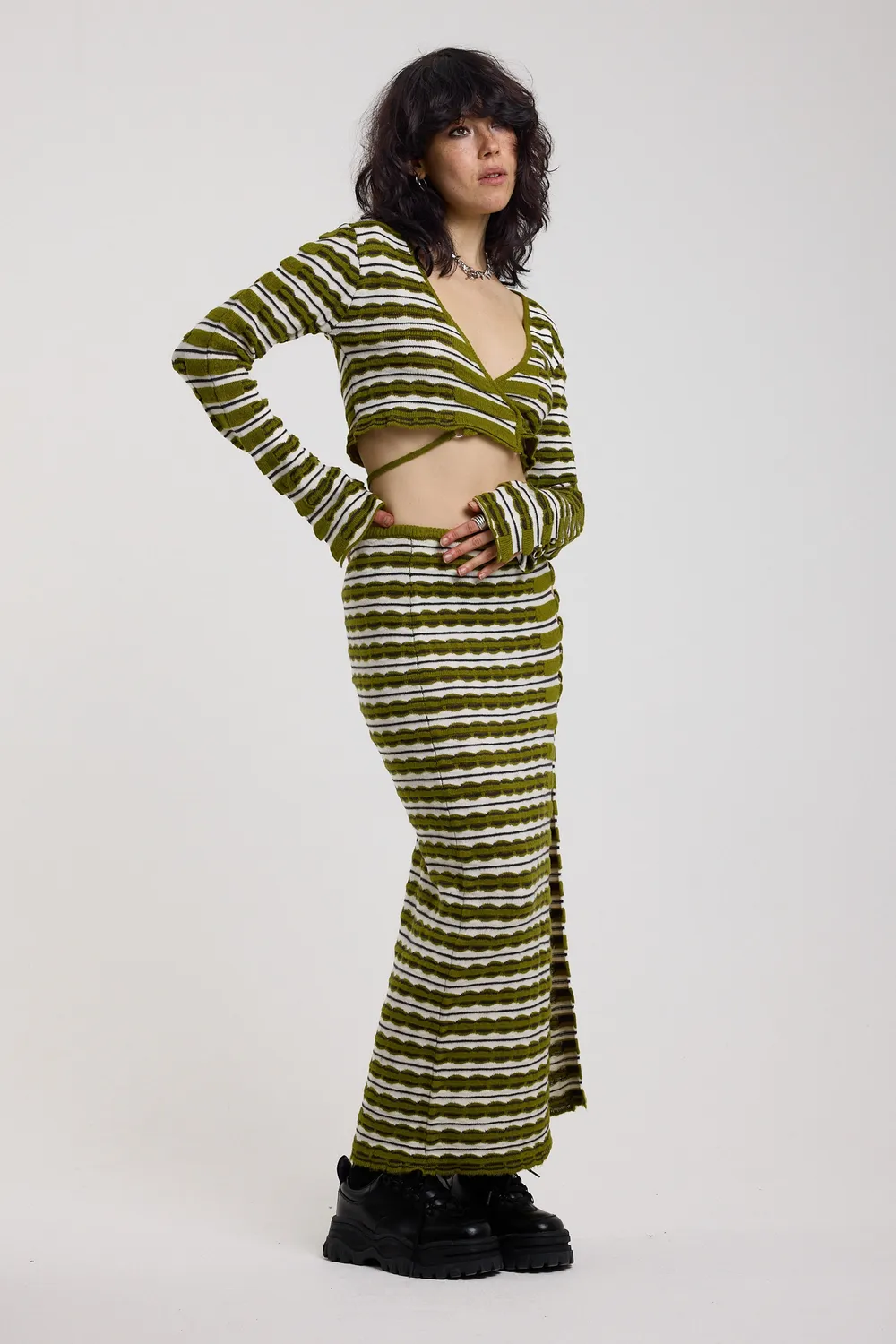The Ragged Priest Scald Grunge Stripe strik nederdel maxi grøn