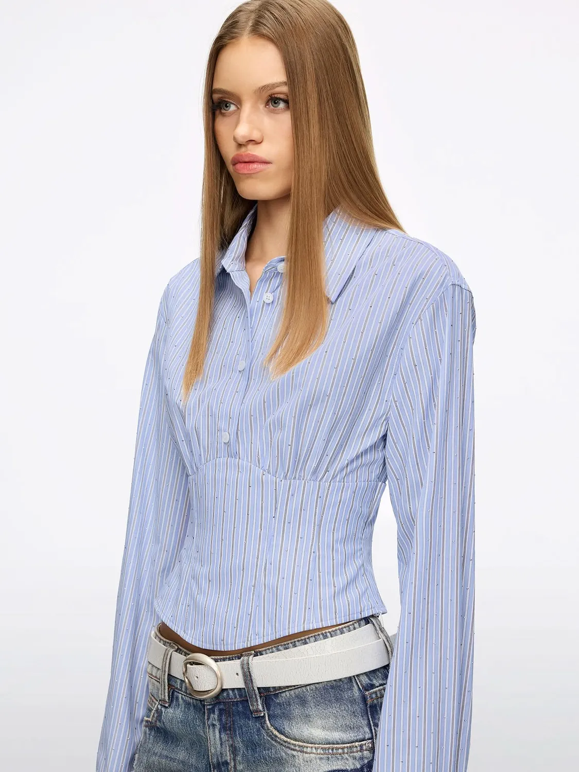 Miss Sixty Rhinestone Lace-Up Striped Shirt skjorte blå