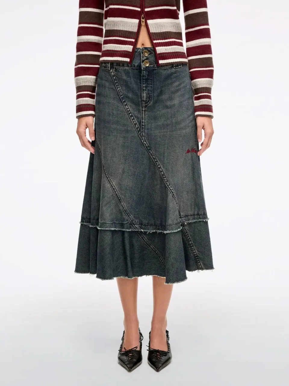 Miss Sixty Patchwork Maxi denimnederdel blå slidt look
