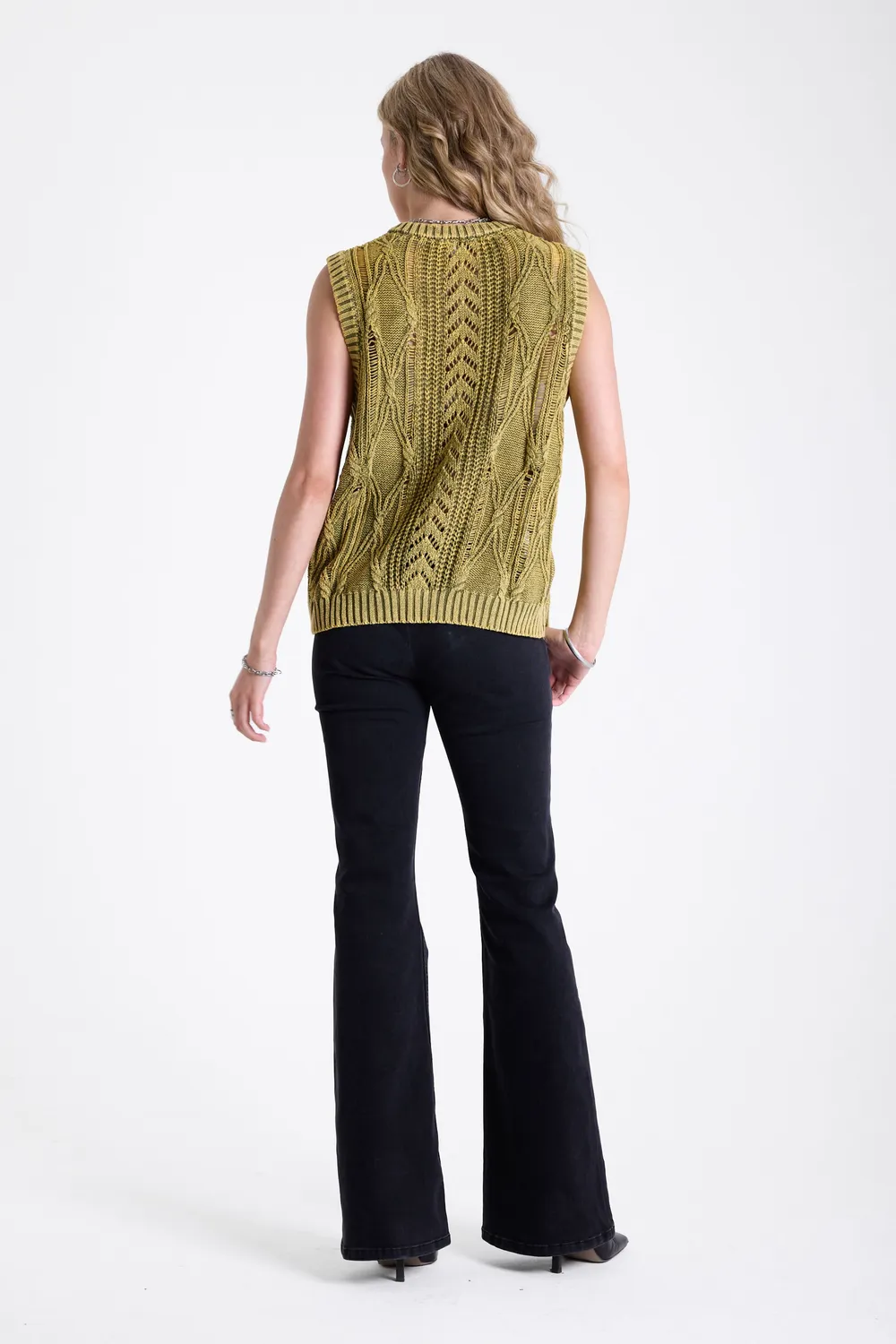 THE RAGGED PRIEST Sleaze Acid Wash Cable Knit strikvest oliven