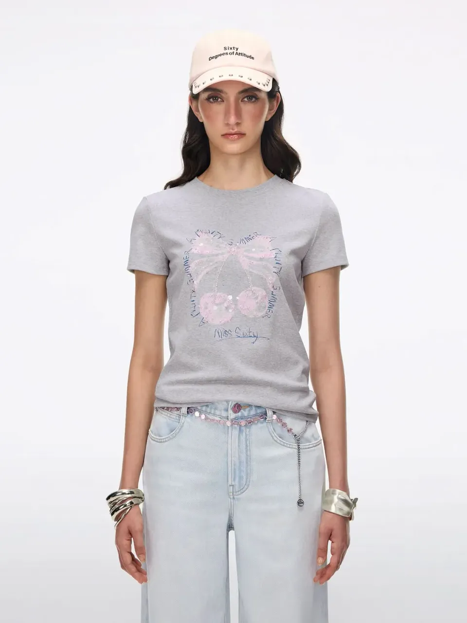 Miss Sixty t-shirt grå perlebroderi kirsebær slank