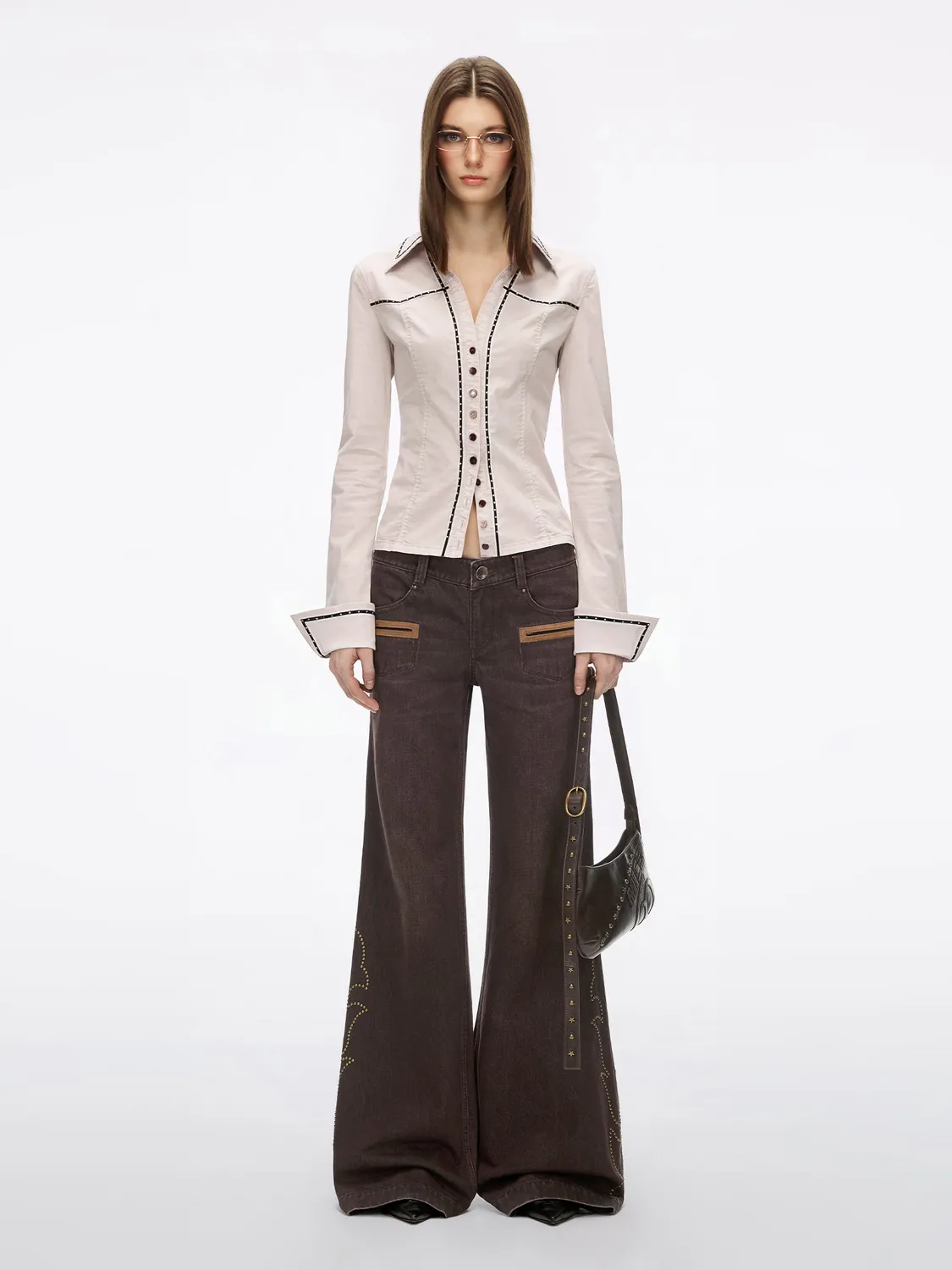 Miss Sixty Rhinestone Button skjorte khaki grey
