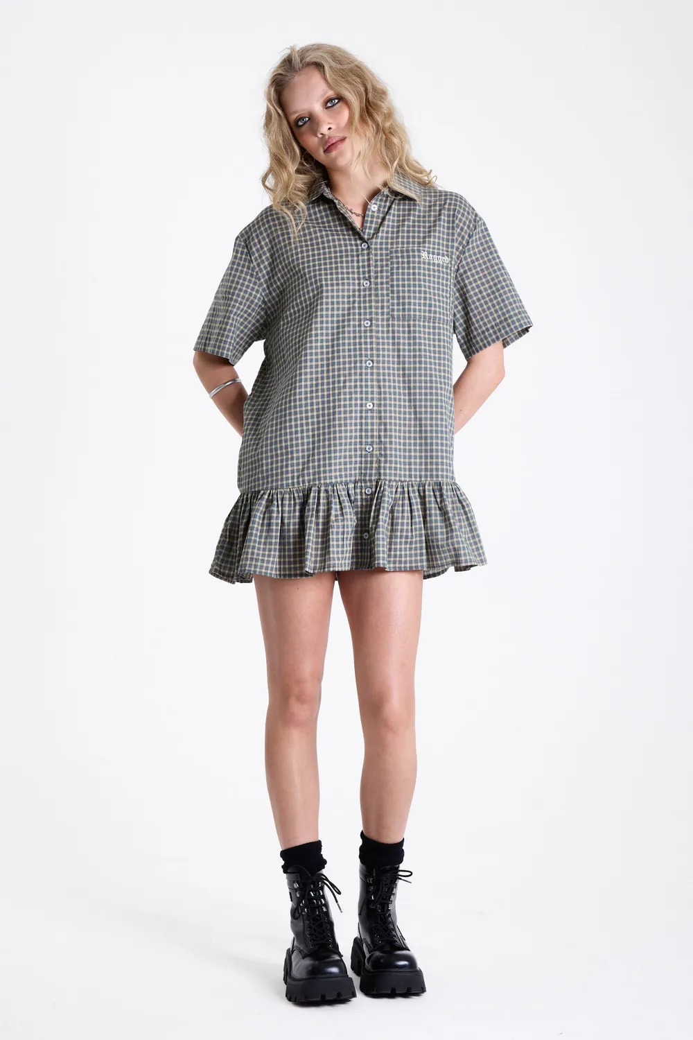 The Ragged Priest Drill Gingham Check drop waist minikjole ternet