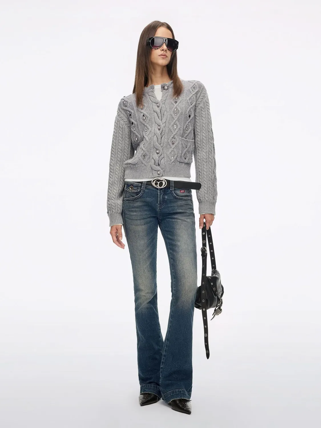 Miss Sixty Beaded strik cardigan heather grey uld