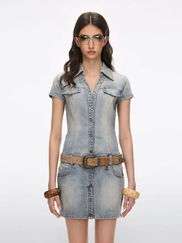 Miss Sixty Bella denimkjole retro light blue med bælte