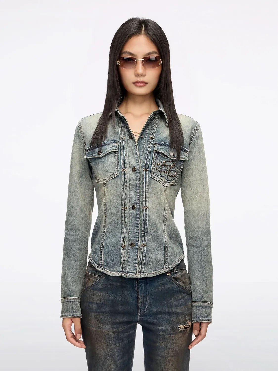 Miss Sixty Studded denimskjorte mørkeblå nitter