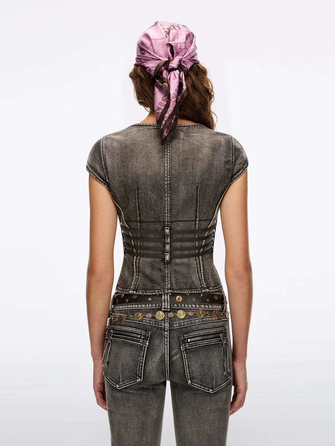 Miss Sixty Distressed Lace-Up denimskjorte vintage black kortærmet