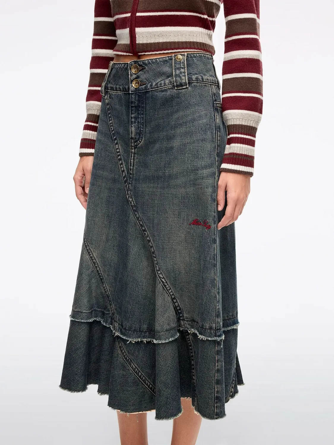 Miss Sixty Patchwork Maxi denimnederdel blå slidt look