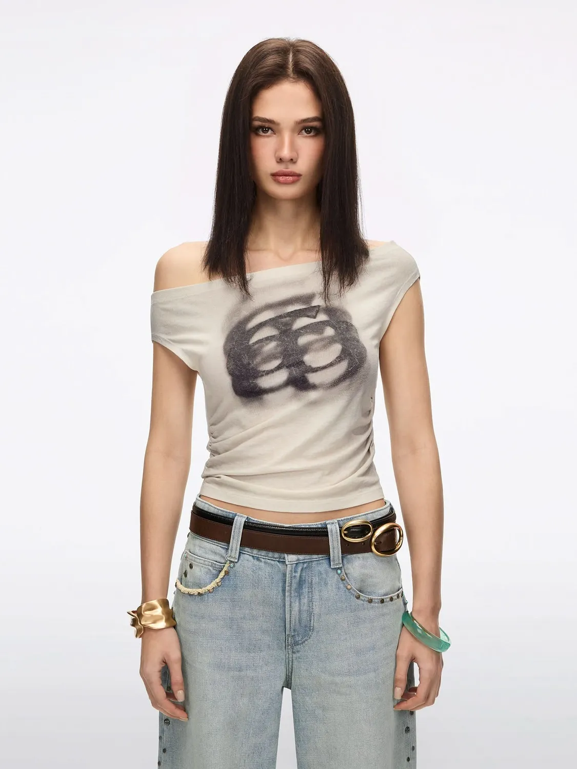 Miss Sixty Off-Shoulder Logo T-shirt retrogrå hørblanding