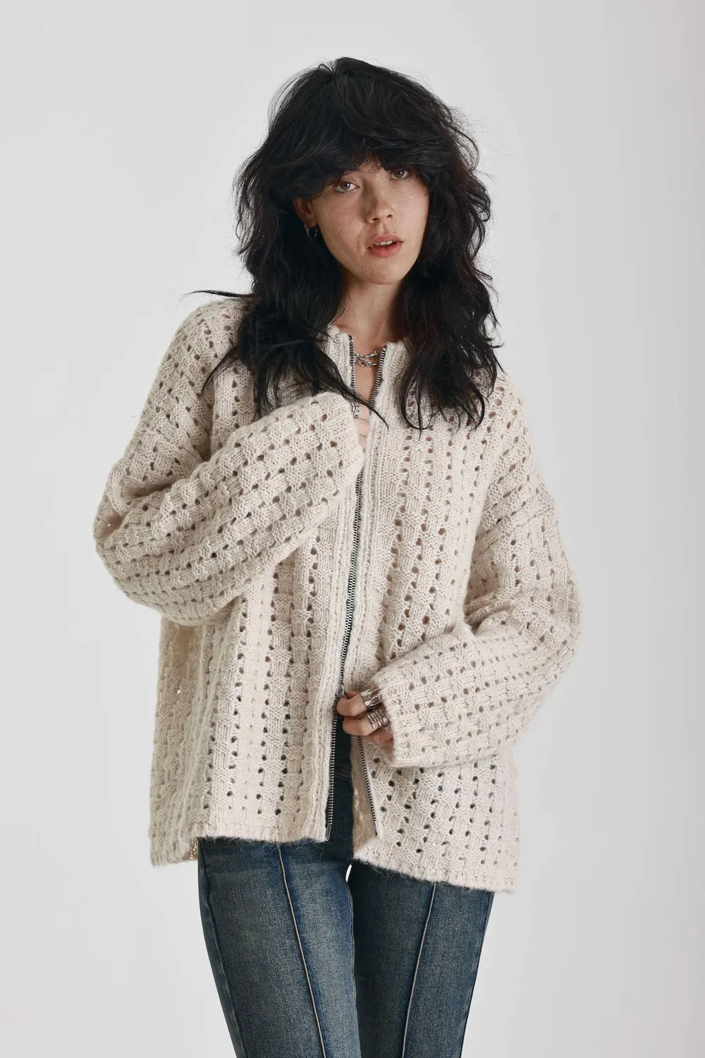 THE RAGGED PRIEST Folk oversized cardigan ecru med lynlås