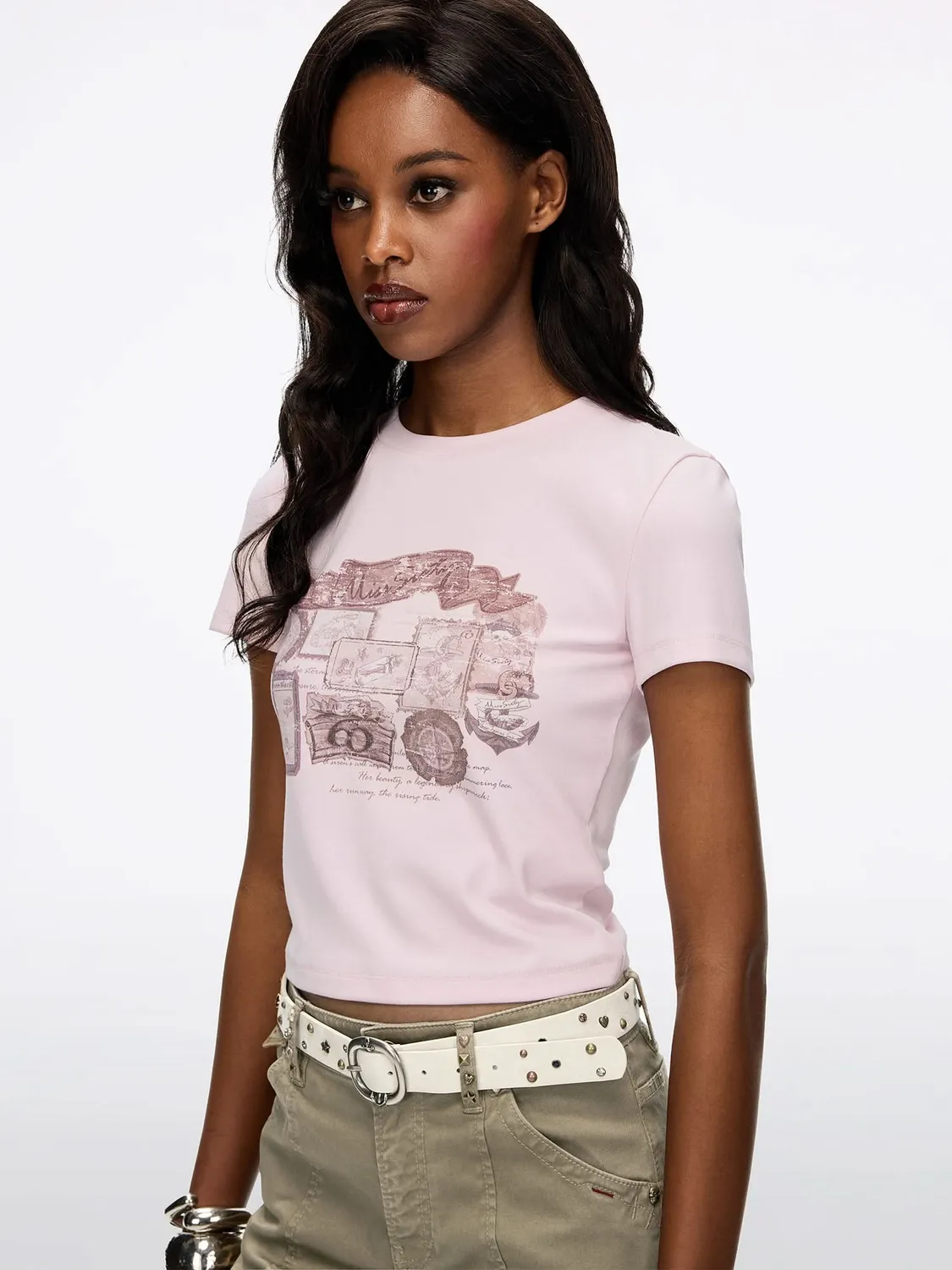 Miss Sixty Distressed Graphic T-shirt pink cropped bomuld