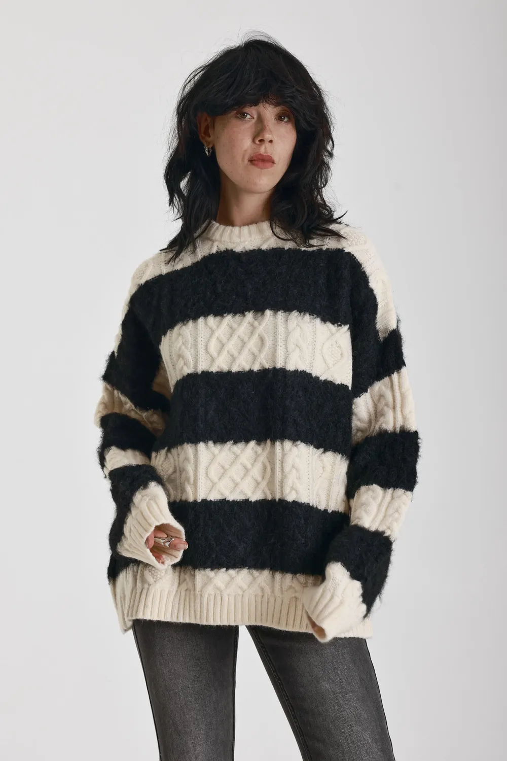 The Ragged Priest Crypt Stripe oversized cable knit jumper stribet