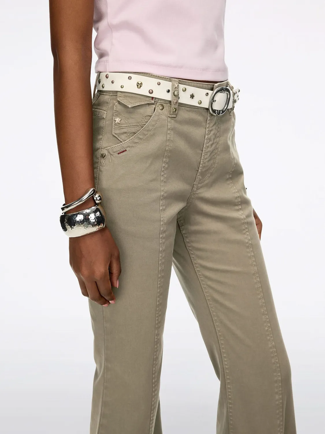 Miss Sixty flare bukser grøn bælte twill