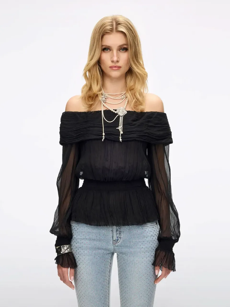 Miss Sixty Off-Shoulder silkeskjorte sort 100% silke