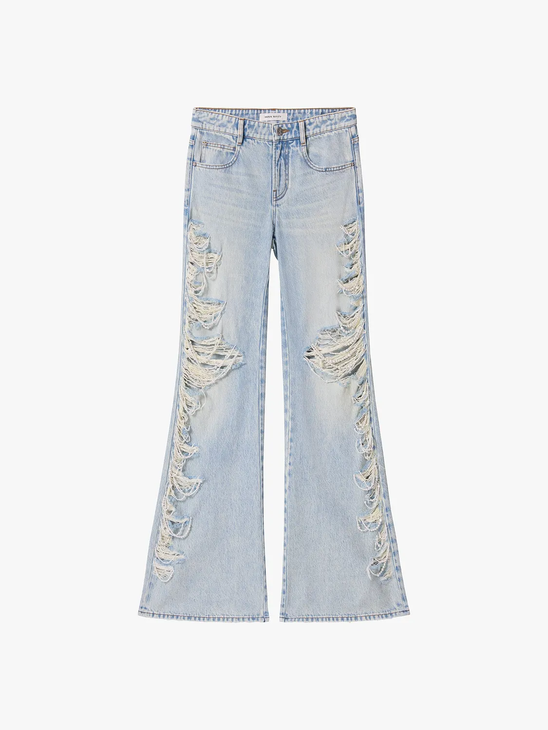 Miss Sixty Distressed Pearl-Embellished Flare Jeans light blue