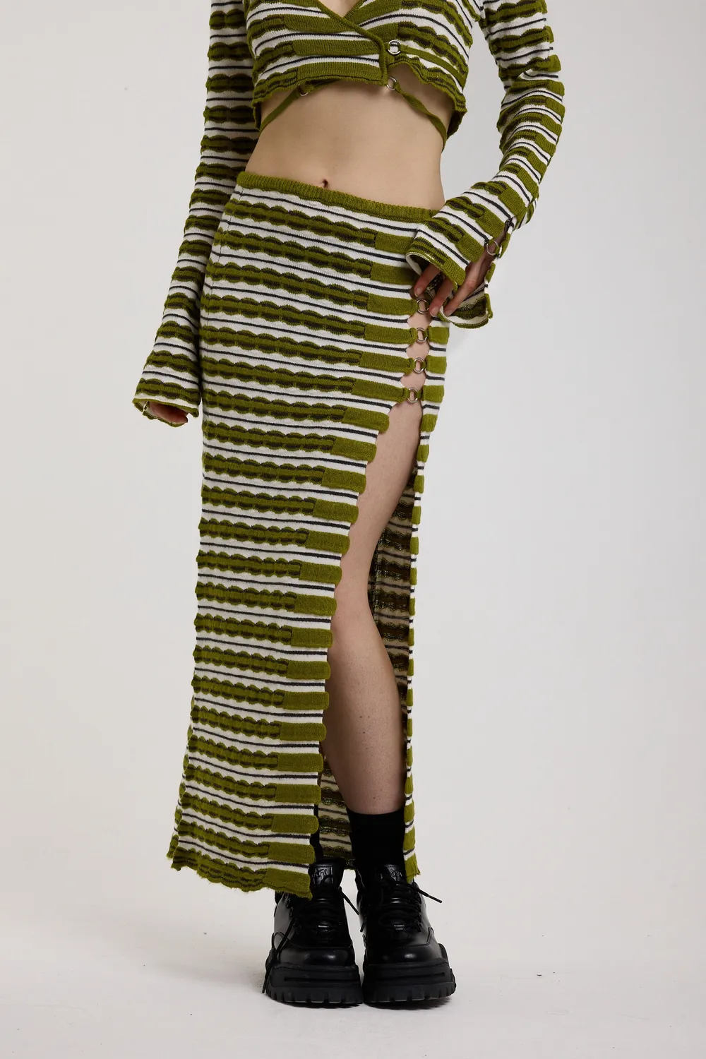 The Ragged Priest Scald Grunge Stripe strik nederdel maxi grøn