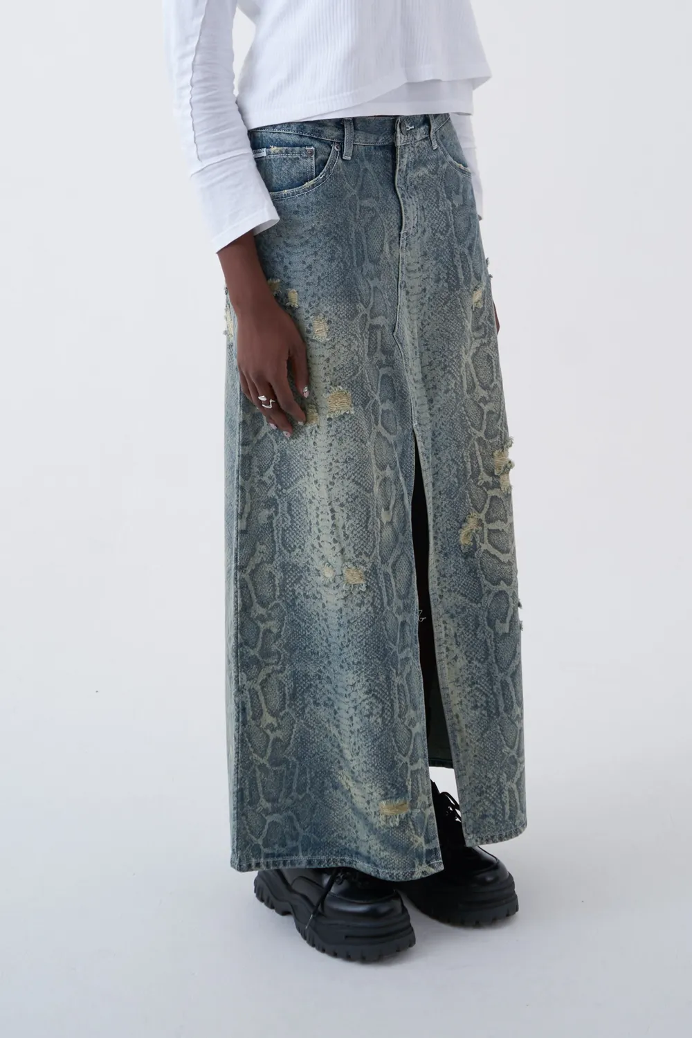 The Ragged Priest Skin Snakeskin Print denimnederdel maxi