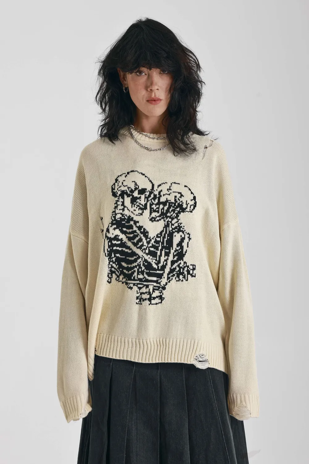 THE RAGGED PRIEST Everlasting Oversized Skeleton striktrøje creme