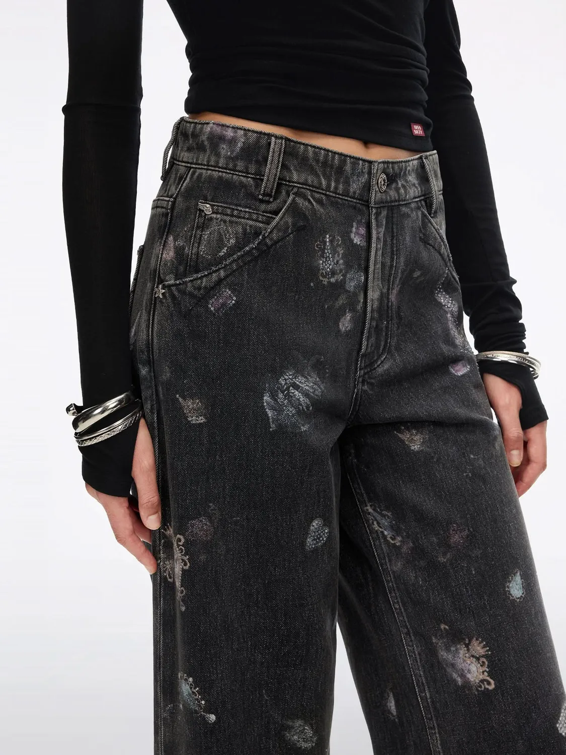 Miss Sixty Rhinestone Straight Jeans black fog høj talje