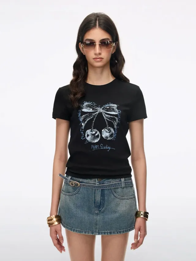 Miss Sixty t-shirt black med perler kirsebær og sløjfe