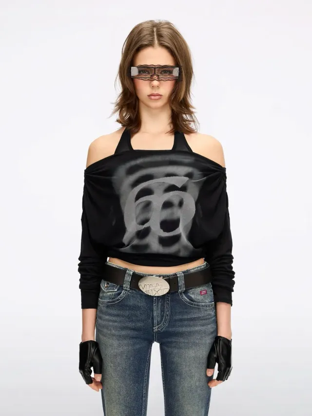 Miss Sixty Logo T-Shirt off-shoulder sort langærmet