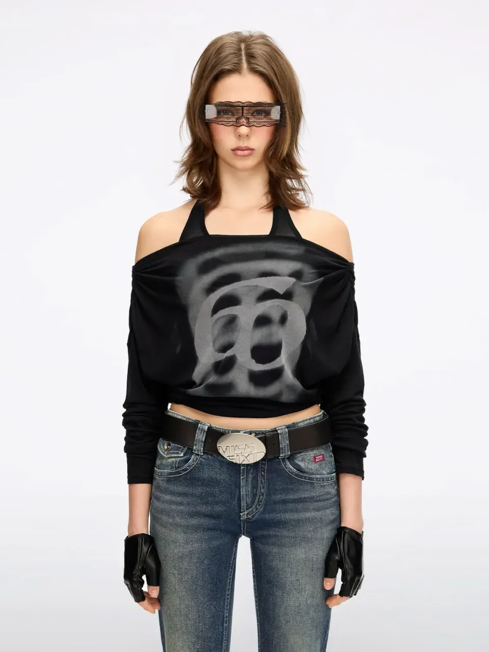 Miss Sixty Logo T-Shirt off-shoulder sort langærmet