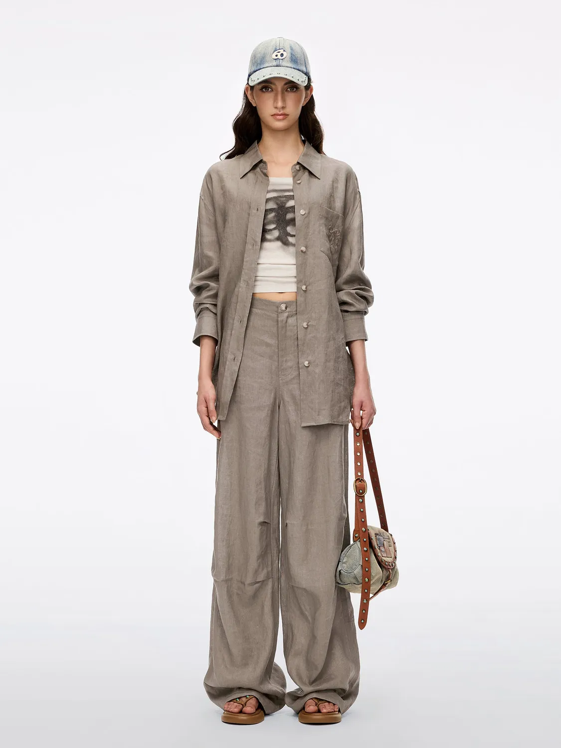 Miss Sixty Embroidered Linen skjorte khaki hør