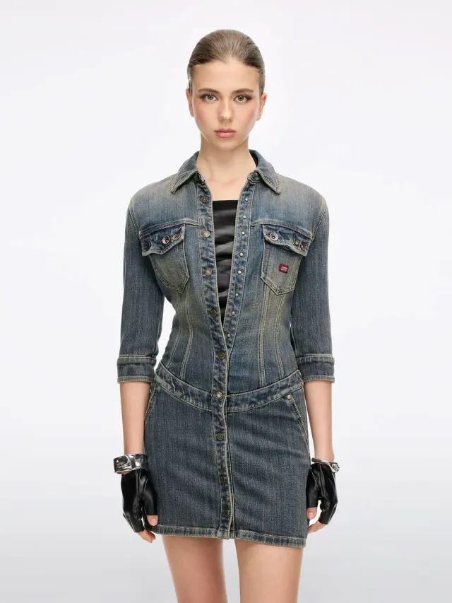 Miss Sixty Button-Front denimkjole vintage dark blue stretch