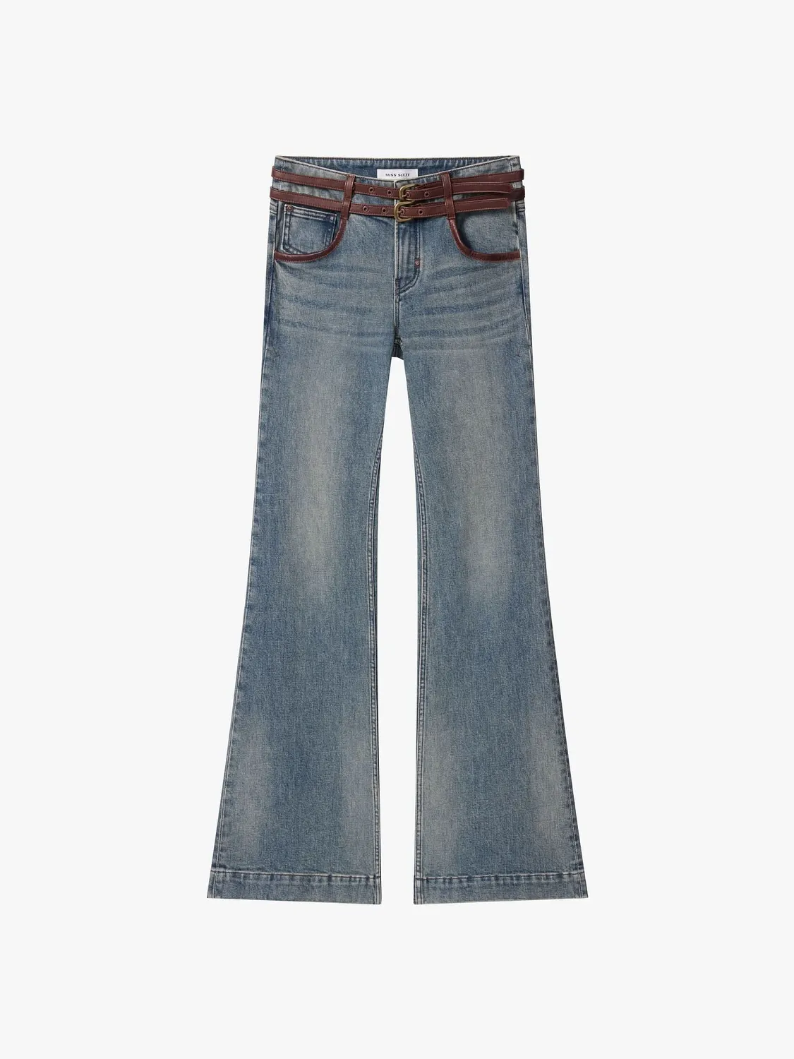 Miss Sixty Leather Panel Flare jeans blå – læder og bælte