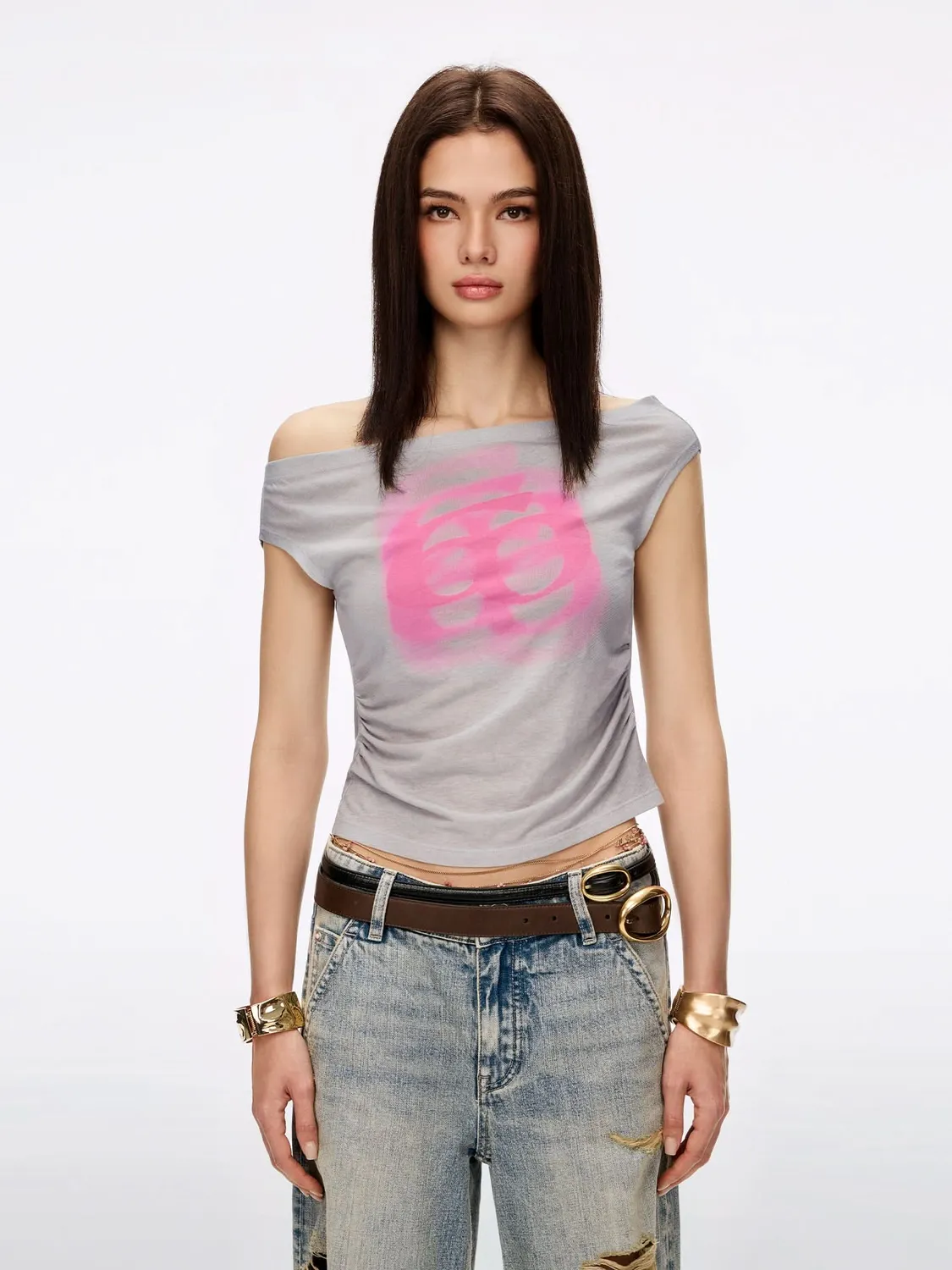 Miss Sixty off-shoulder t-shirt vintage kakifarvet