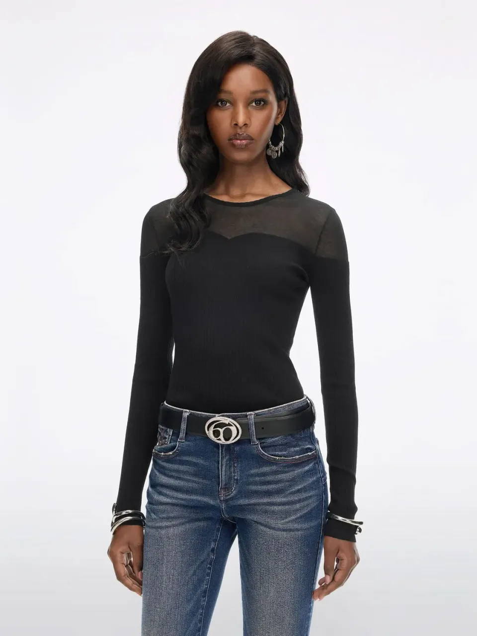 Miss Sixty Mesh strik top black rib silke