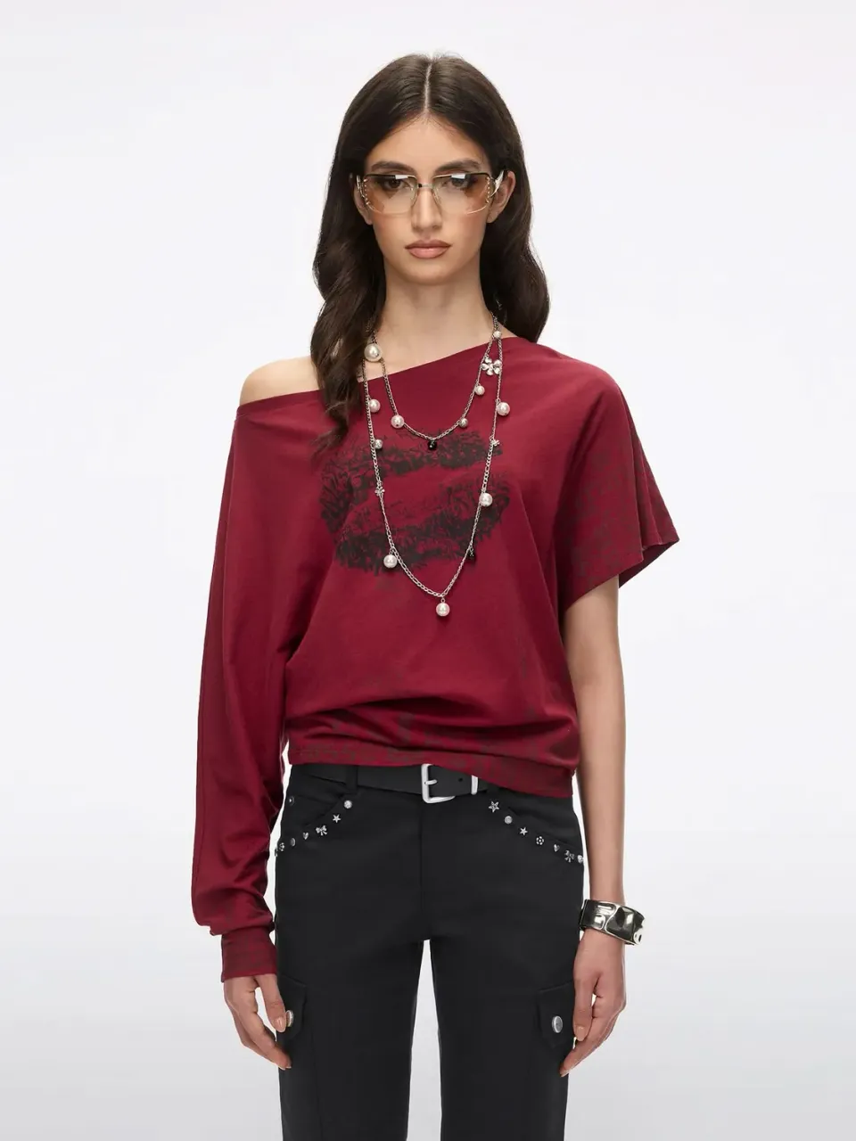 Miss Sixty Lip-Print t-shirt rød asymmetrisk