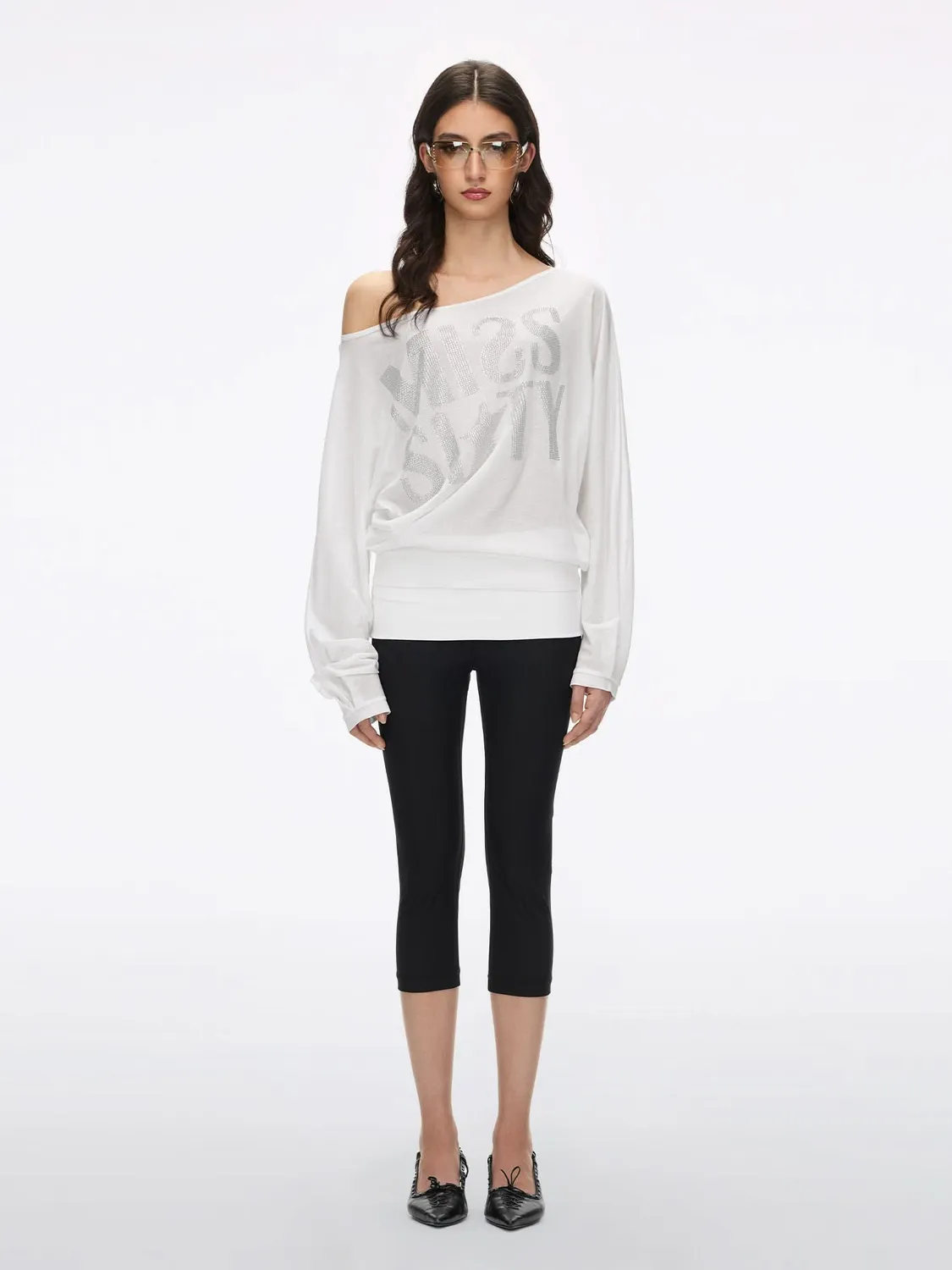 Miss Sixty Off-Shoulder Rhinestone T-shirt hvid strass