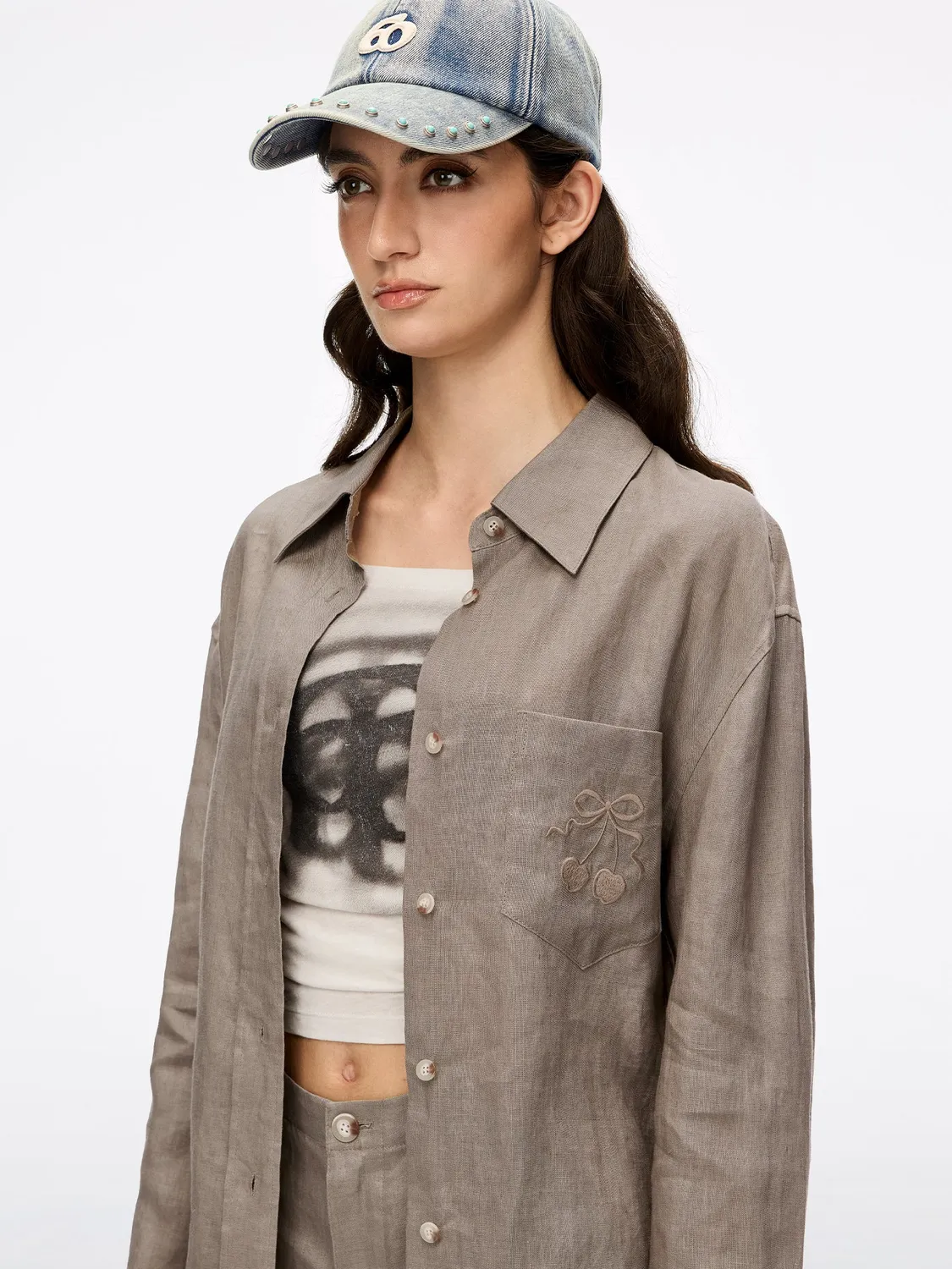 Miss Sixty Embroidered Linen skjorte khaki hør