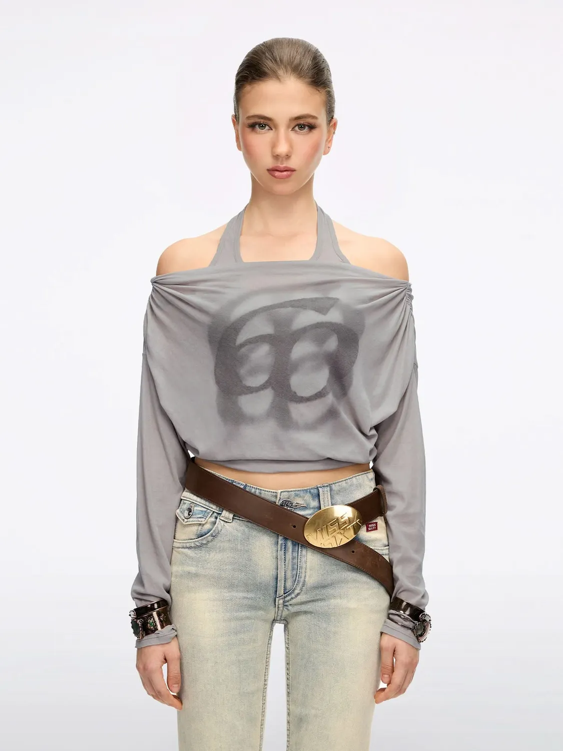 Miss Sixty Logo T-Shirt off-shoulder sort langærmet