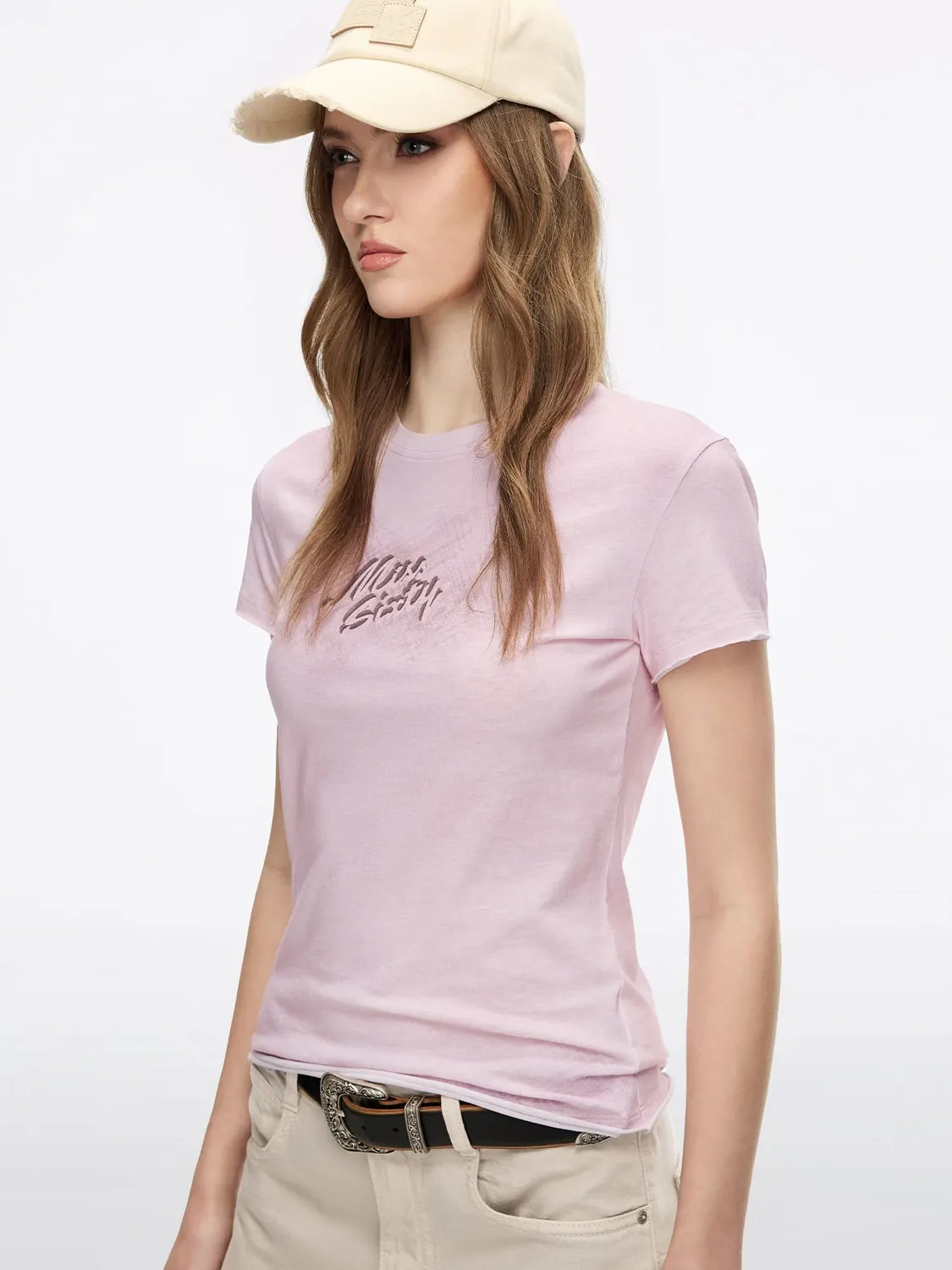 Miss Sixty Distressed Logo T-shirt lyserosa hørbomuld