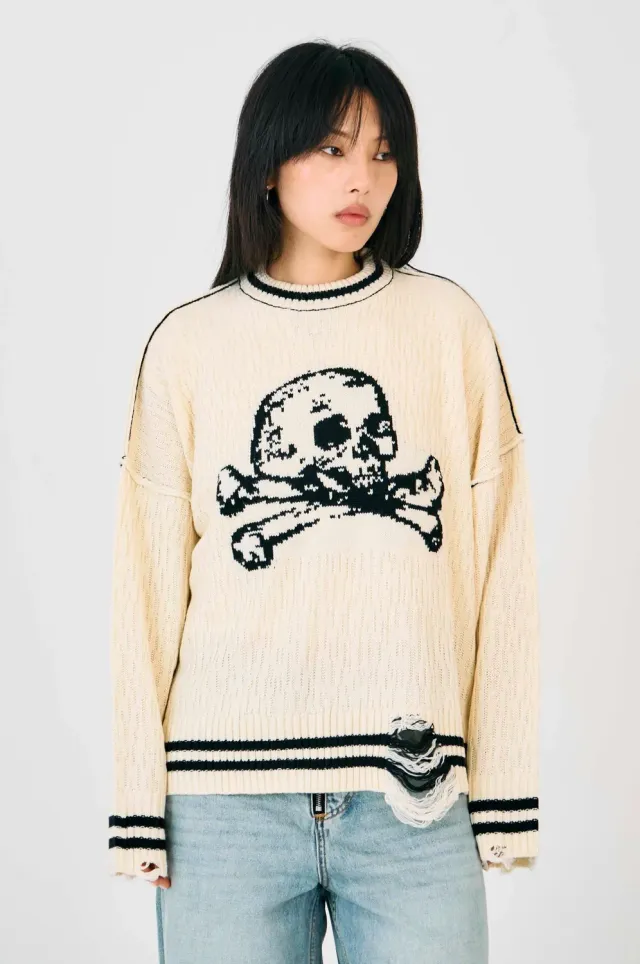 THE RAGGED PRIEST Cult Skull striktrøje creme oversize
