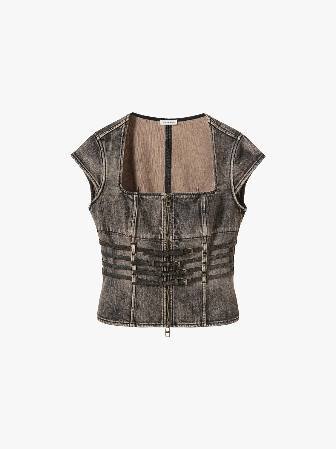 Miss Sixty Distressed Lace-Up denimskjorte vintage black kortærmet