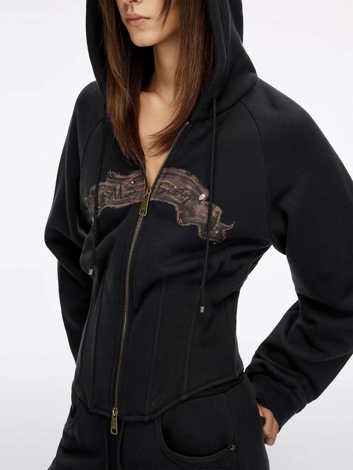 Miss Sixty Printed Zip Hoodie sort cropped