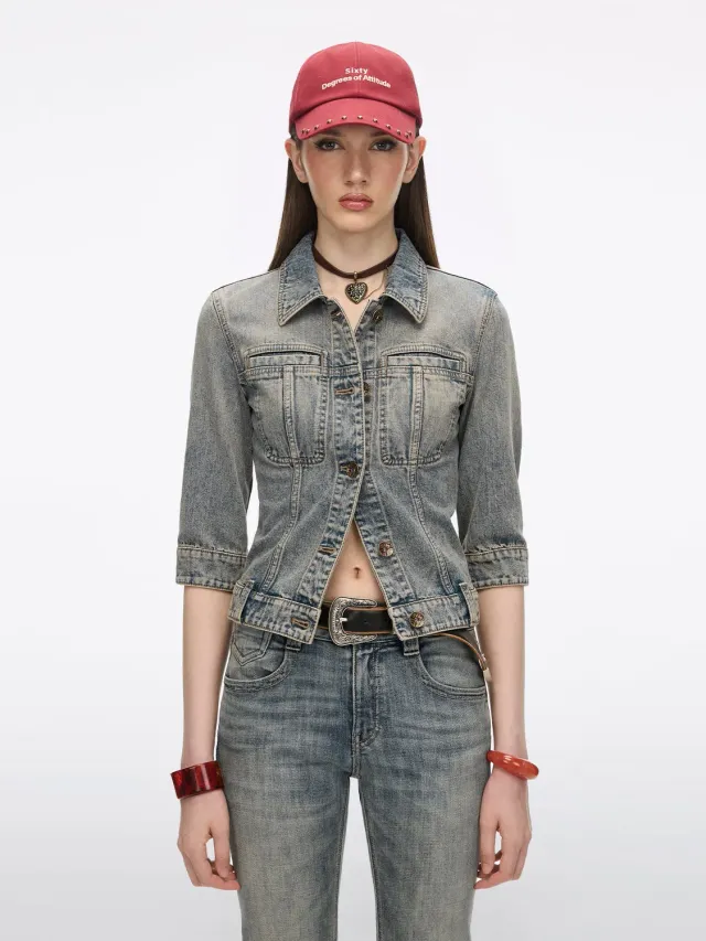 Miss Sixty Multi-Patch denimjakke blå patchwork korte ærmer
