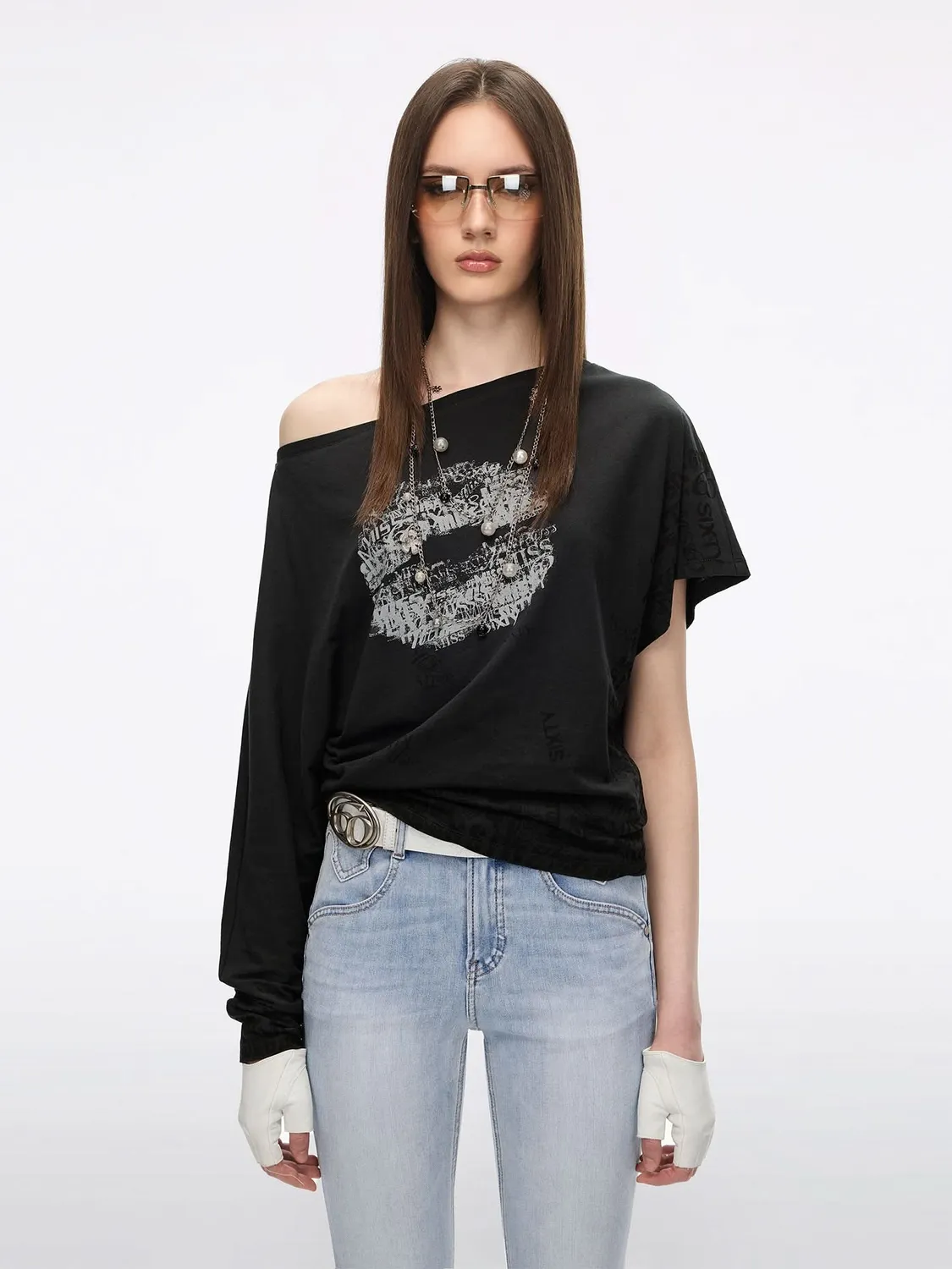 Miss Sixty Lip-Print t-shirt rød asymmetrisk