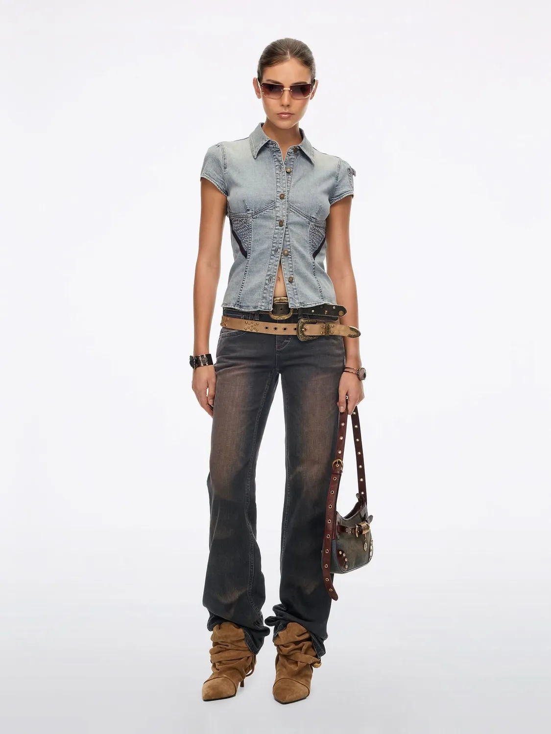 Miss Sixty Distressed denimskjorte vintage lyseblå kortærmet