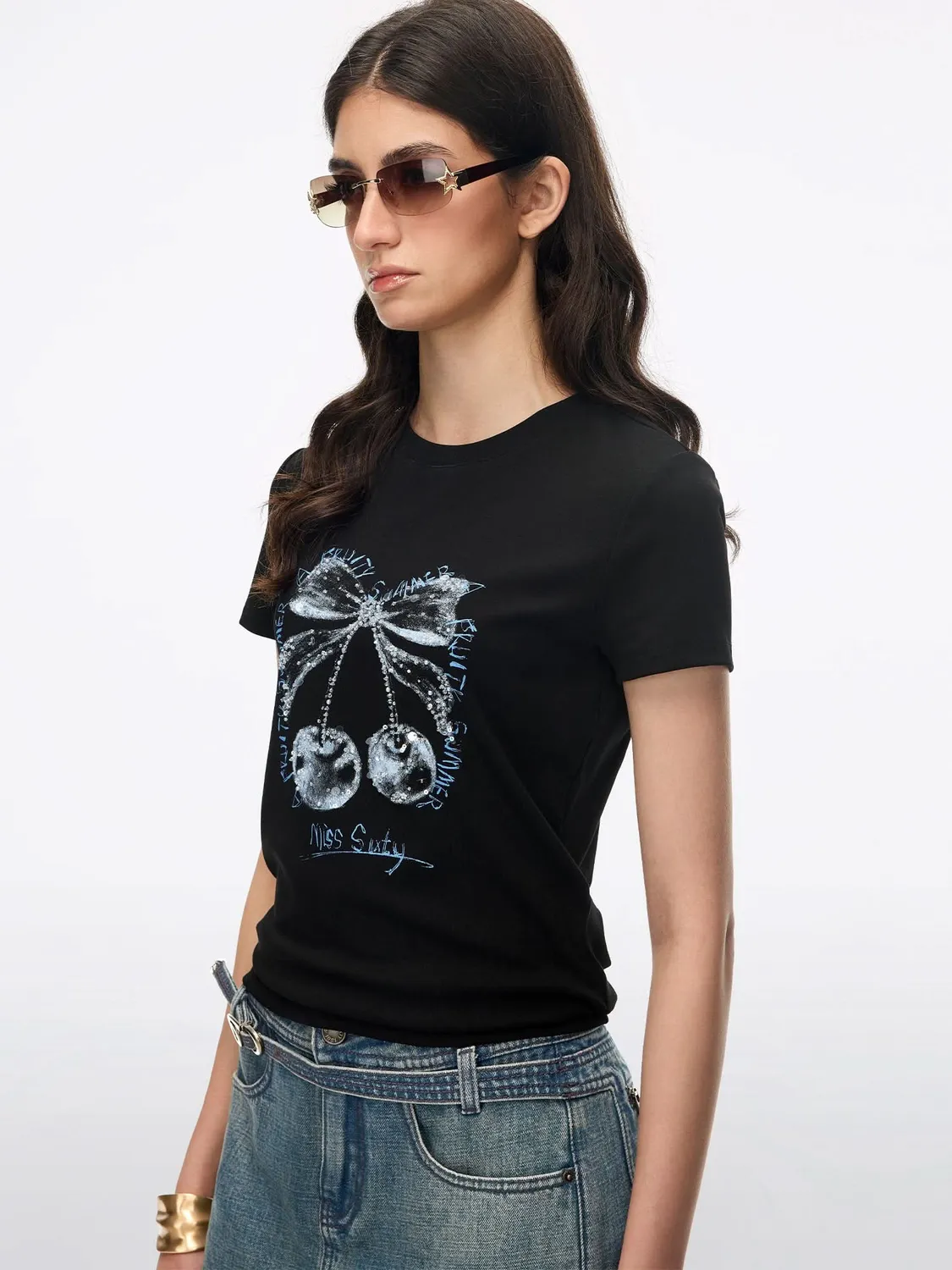 Miss Sixty t-shirt black med perler kirsebær og sløjfe