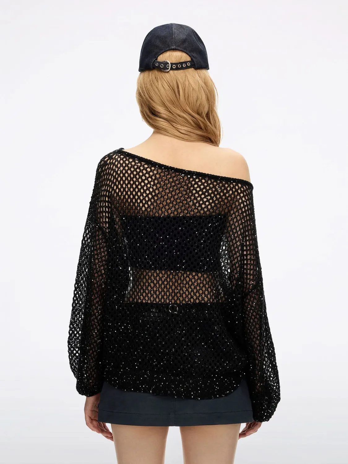 Miss Sixty Shimmering Mesh Knit Top strikbluse black palietter