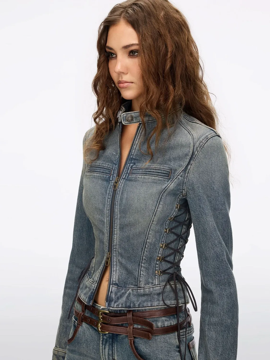 Miss Sixty Lace-Up Denimjakke blue cropped stretch